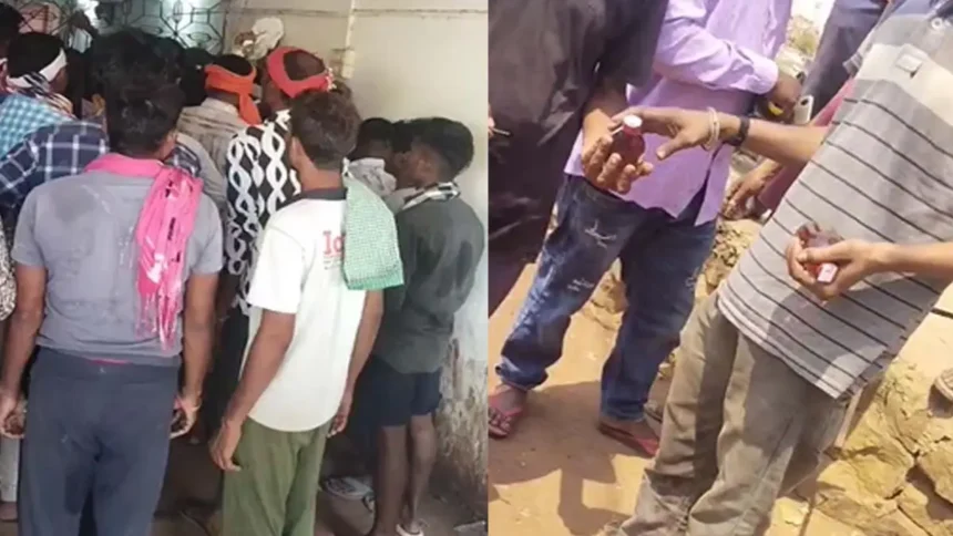 Crowd of liquor lovers gathered outside the shop 1776844209